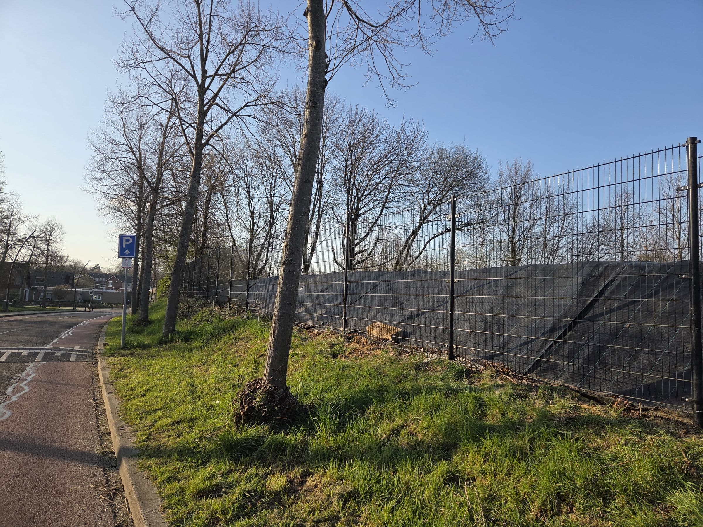Dubbelstaafmat: Dubbelstaafmat met windschermdoek tussen de bomen